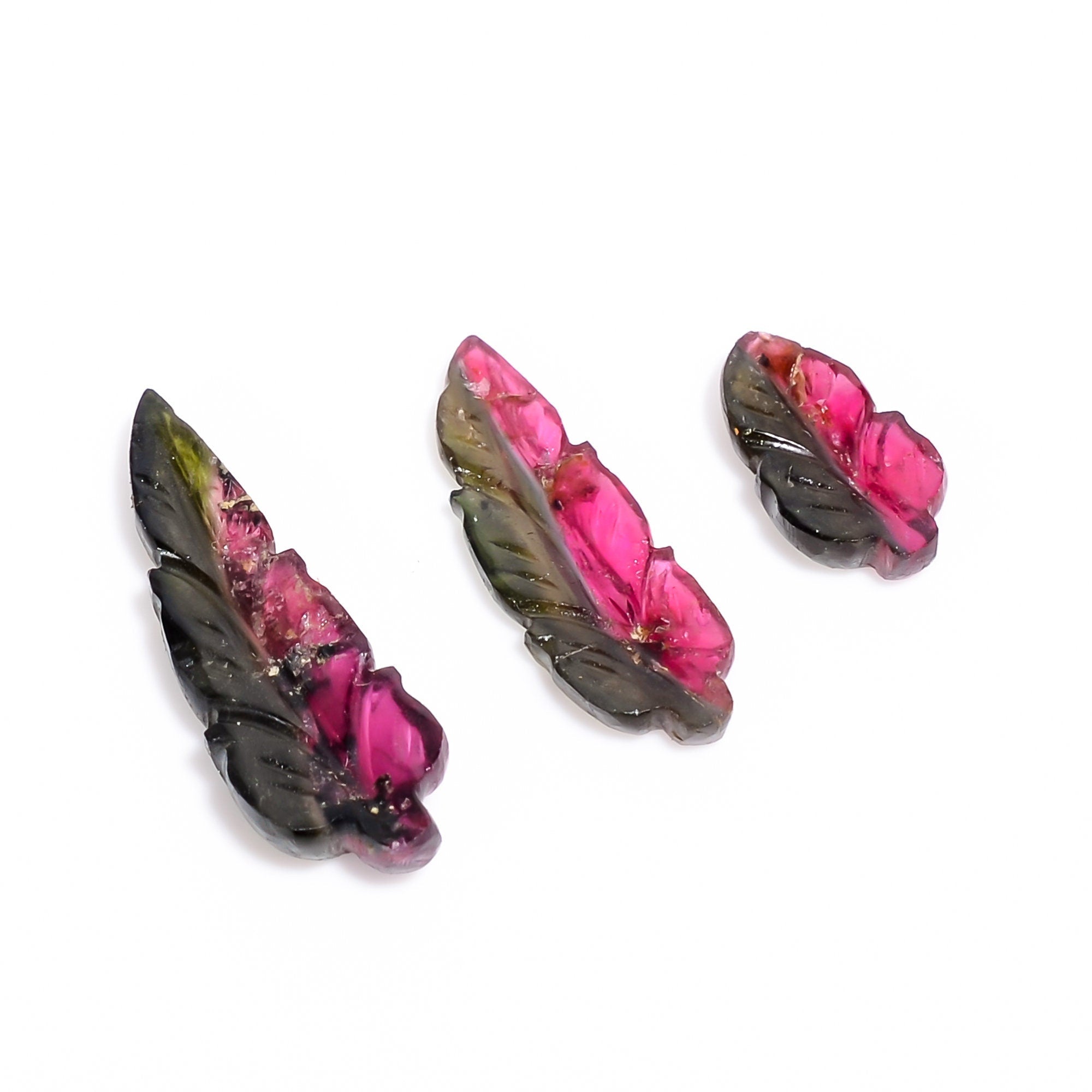 natural bio tourmaline leaf shape carved loose gemstone 3 pcs
